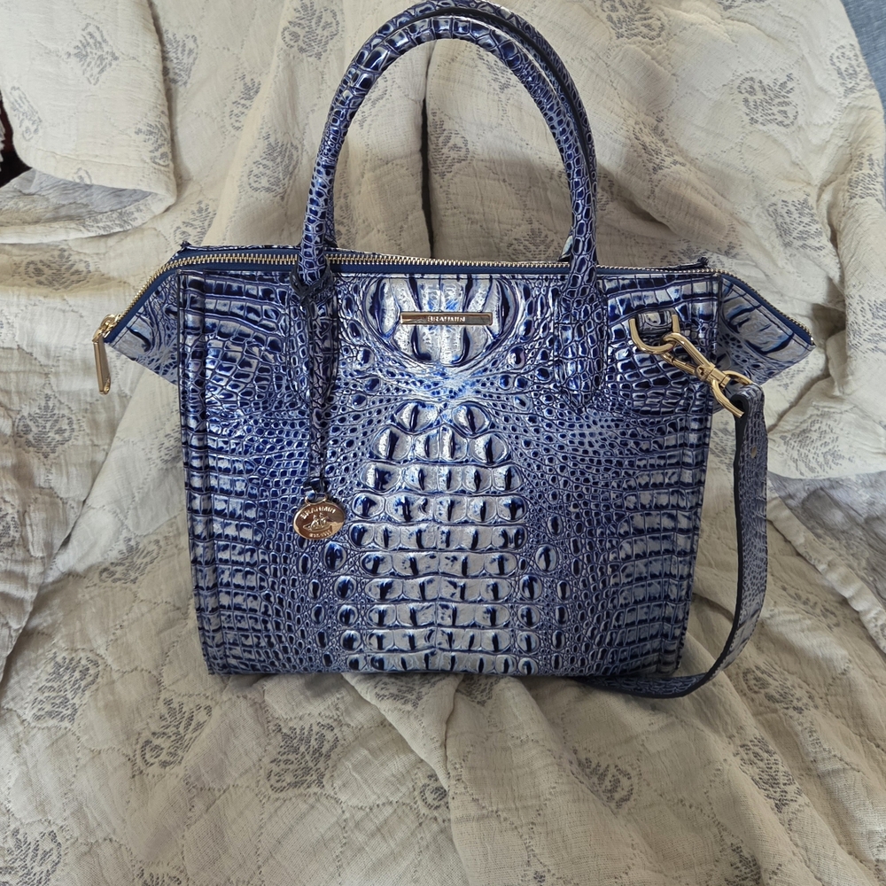 Brahmin Blue Croc-Embossed Darcy Satchel with Gold Hardware